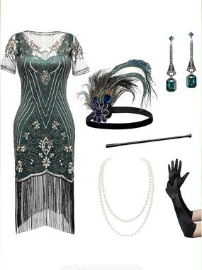 6 piece Gold and Green flapper beaded fringe dress with accessories